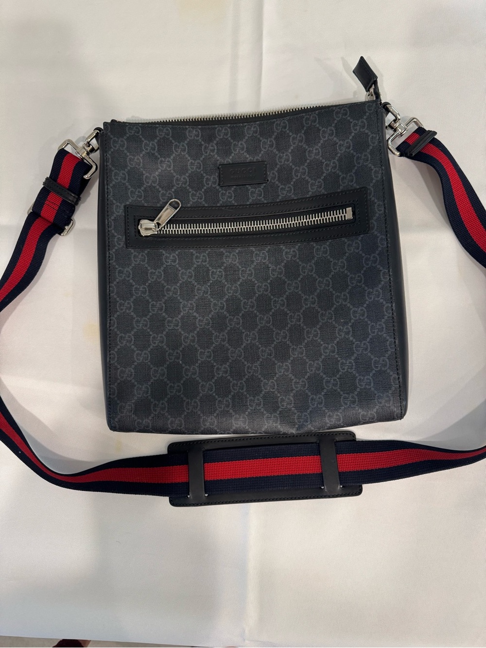Gucci Black GG Supreme Messenger Bag with Red and Blue Web Strap
